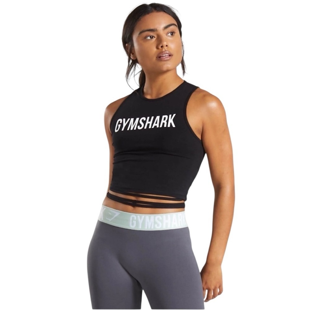 🆕 GYMSHARK Women's Black Ribbon Crop Top SIZE MEDIUM NWOT